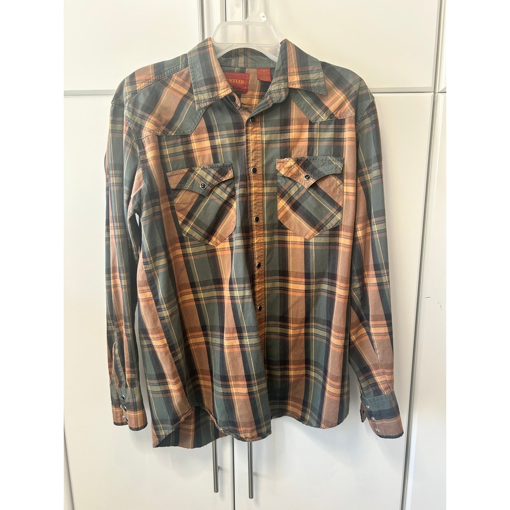 Rustler Mens Medium Orange Brown Plaid Western Pearl Snap Shirt Long Sleeve